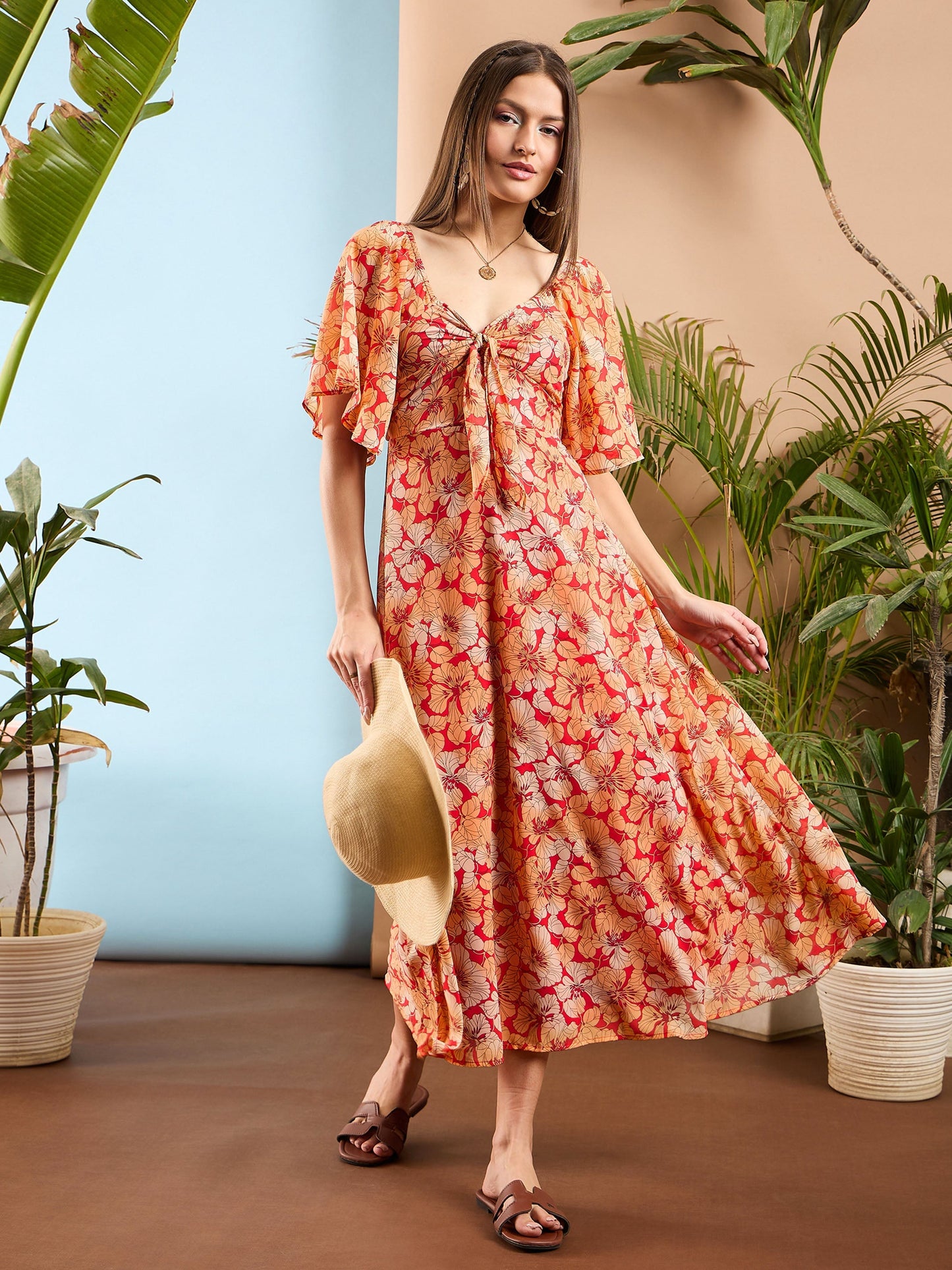 Red Floral Front Tie Midi Dress