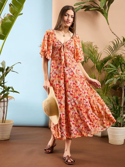 Red Floral Front Tie Midi Dress