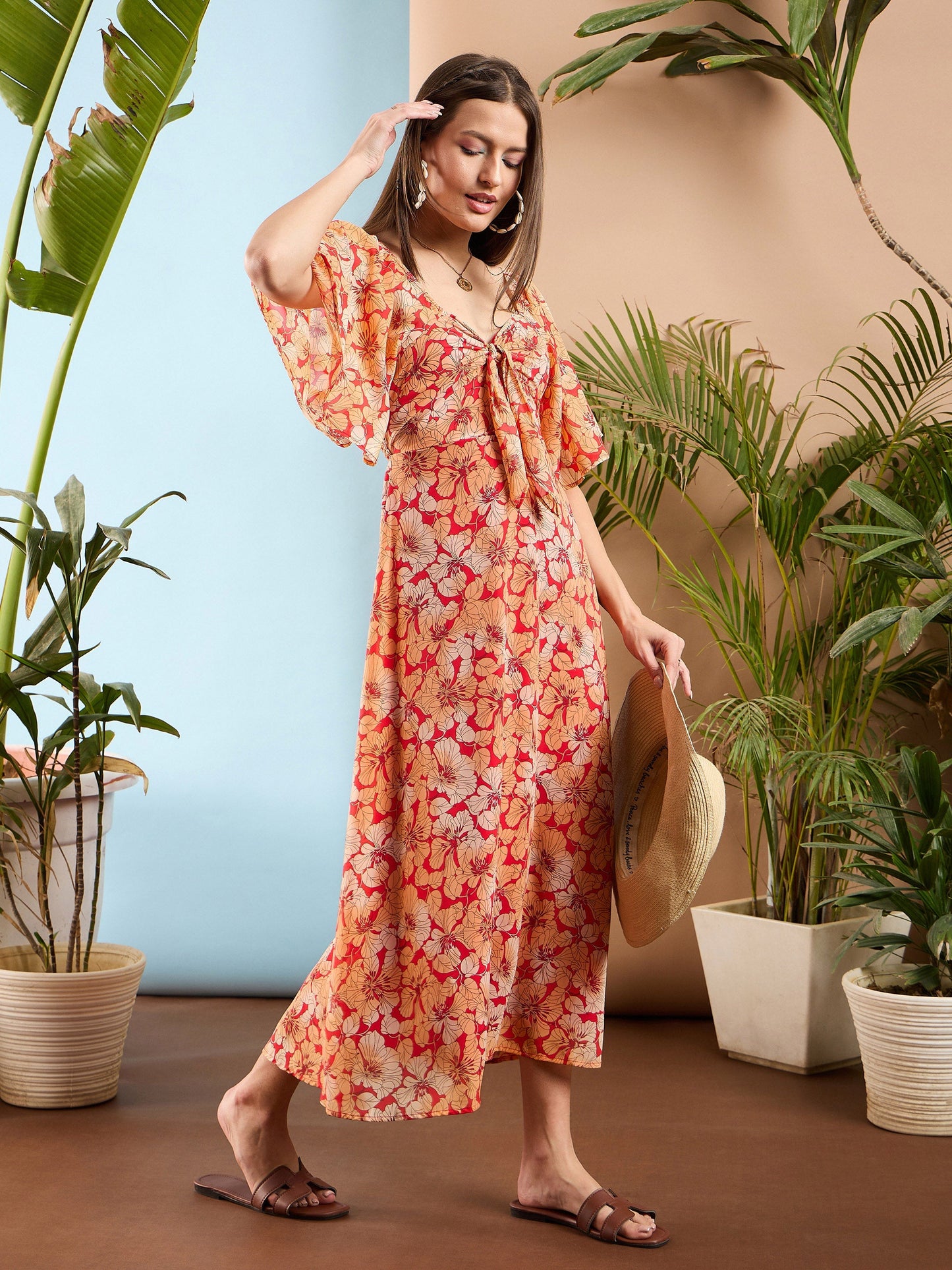 Red Floral Front Tie Midi Dress