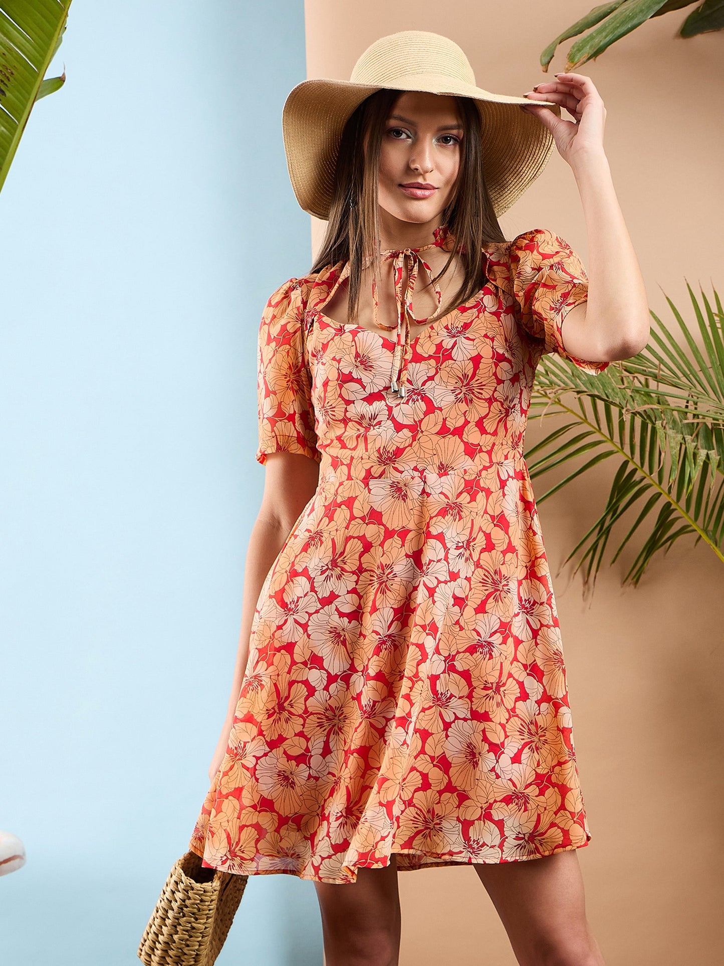 Red Floral Rhombus Neck A-Line Short Dress