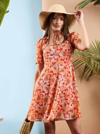 Red Floral Rhombus Neck A-Line Short Dress