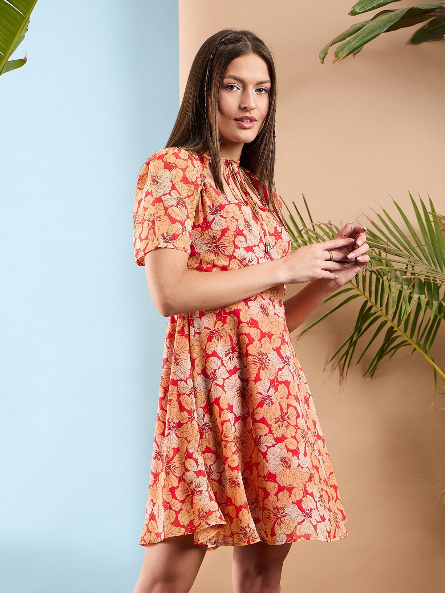 Red Floral Rhombus Neck A-Line Short Dress
