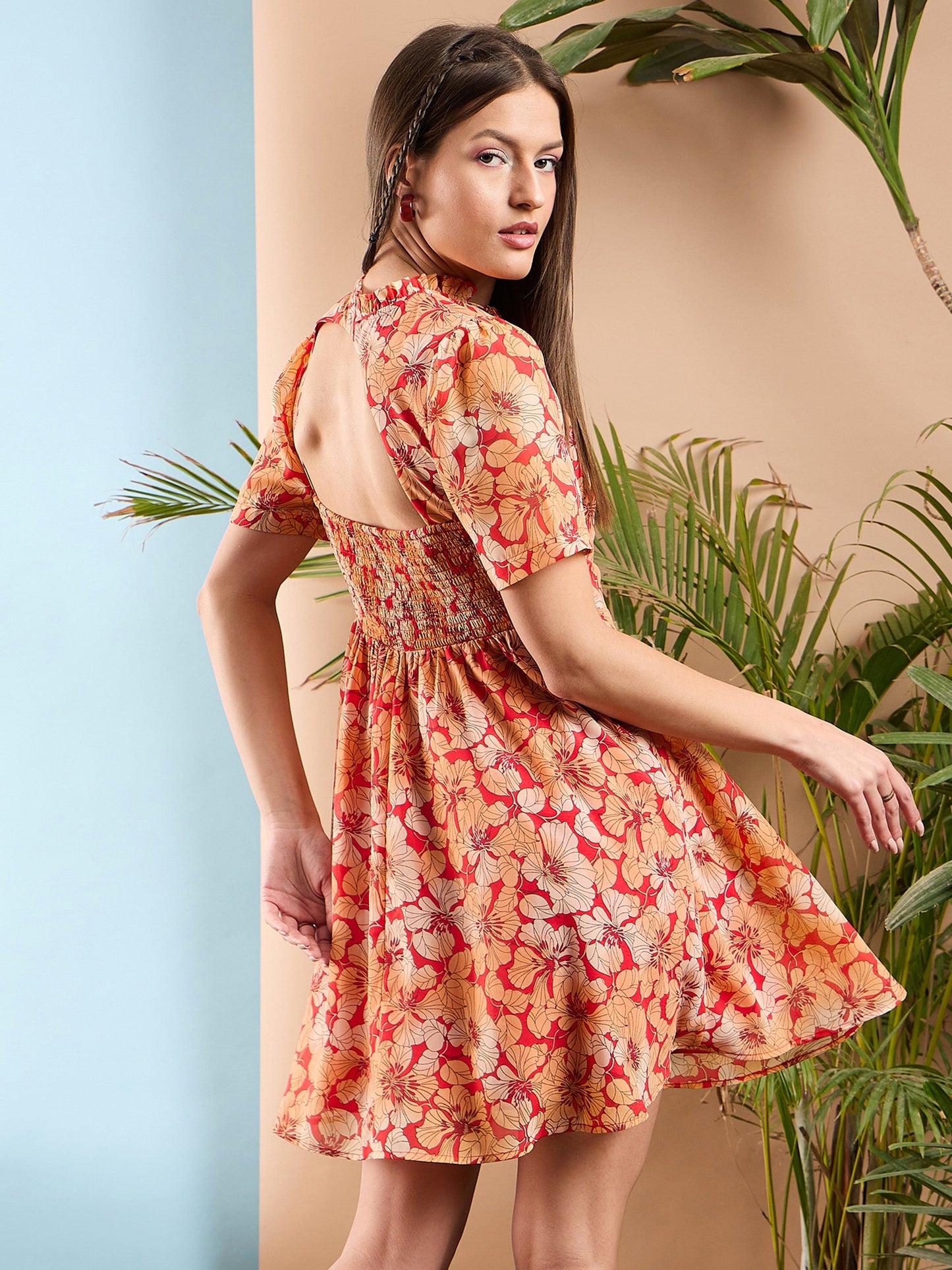 Red Floral Rhombus Neck A-Line Short Dress
