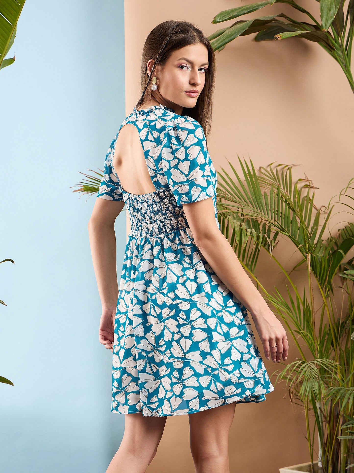 Blue Floral Rhombus Neck A-Line Short Dress