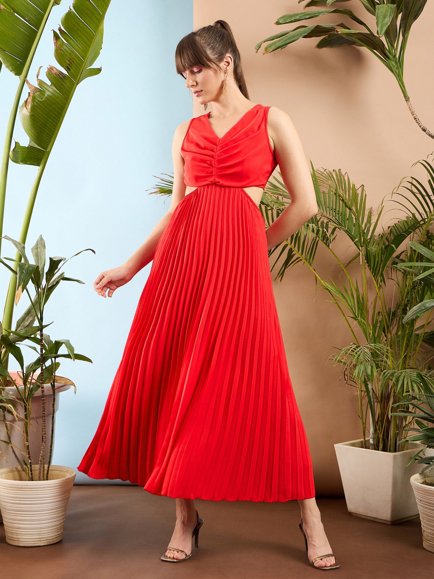 Red Waist Cut Out Pleated Maxi Dress