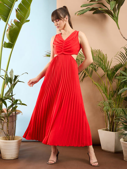 Red Waist Cut Out Pleated Maxi Dress