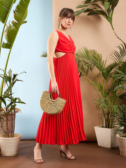 Red Waist Cut Out Pleated Maxi Dress