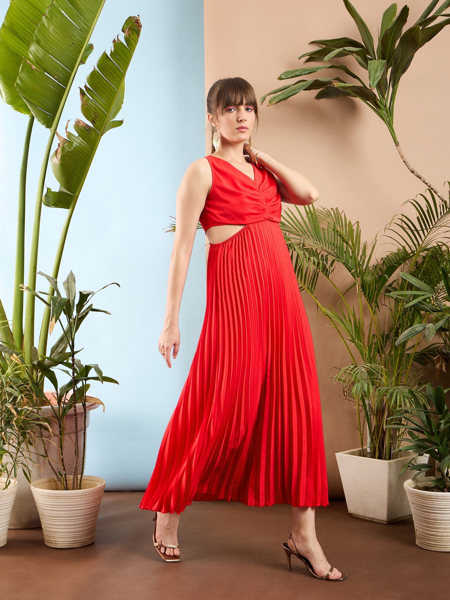 Red Waist Cut Out Pleated Maxi Dress