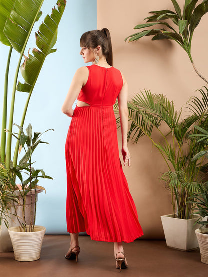 Red Waist Cut Out Pleated Maxi Dress