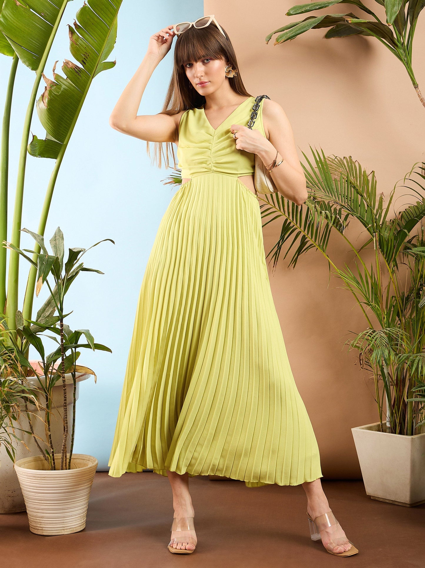 Pale Yellow Waist Cut Out Pleated Maxi Dress
