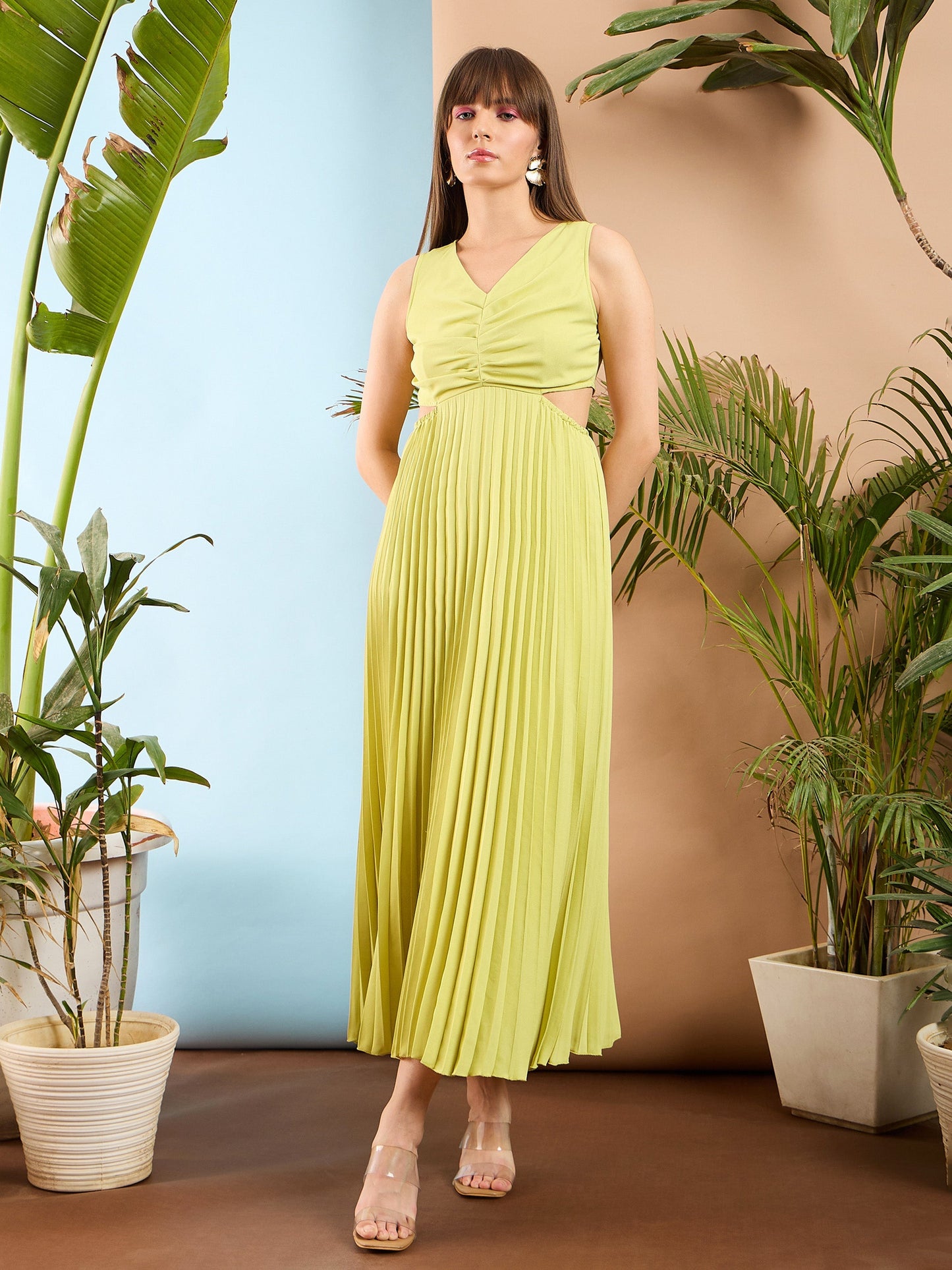 Pale Yellow Waist Cut Out Pleated Maxi Dress
