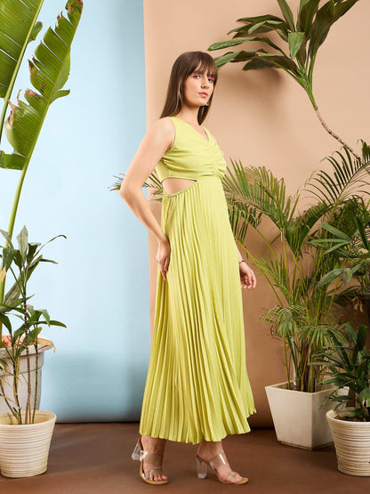 Pale Yellow Waist Cut Out Pleated Maxi Dress