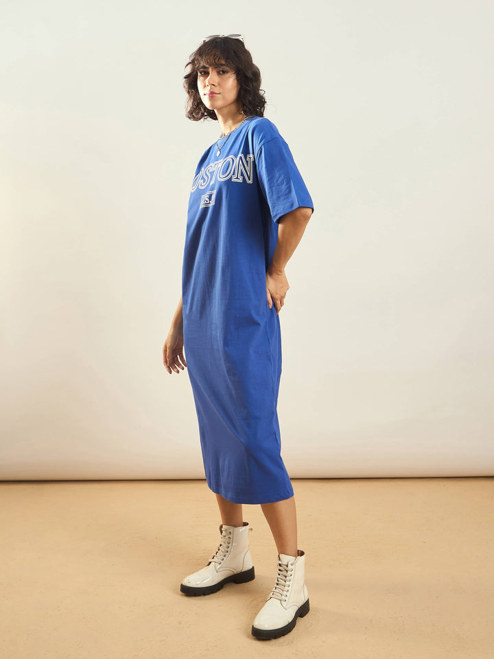 Women Royal Blue BOSTON Printed T-Shirt Dress