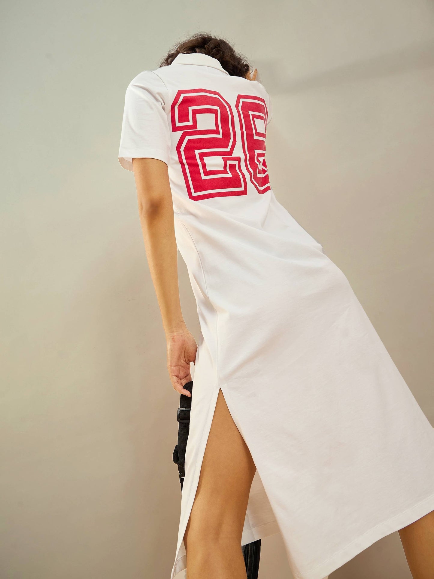 White 26 Printed Polo Neck T-Shirt Dress