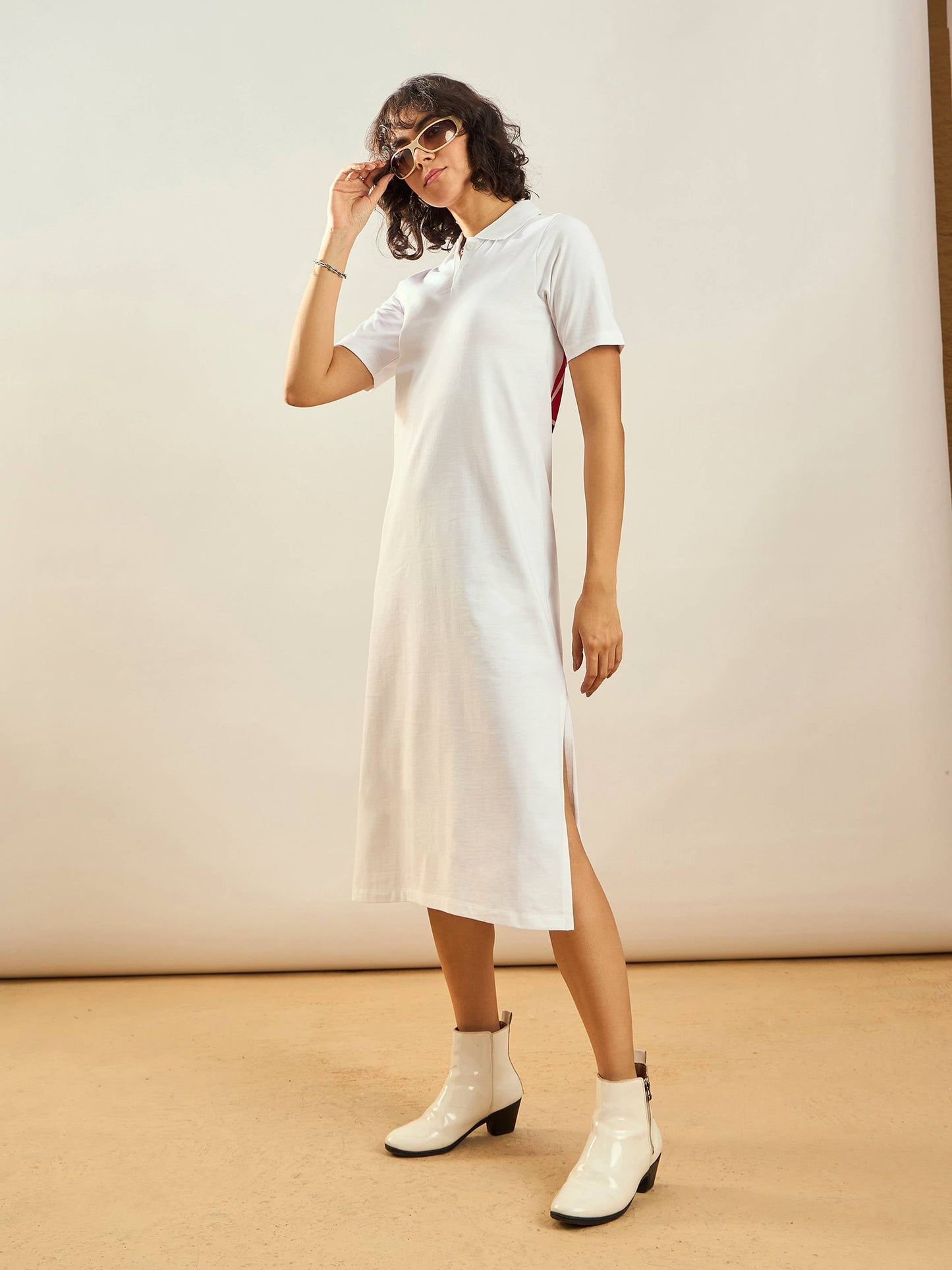 White 26 Printed Polo Neck T-Shirt Dress