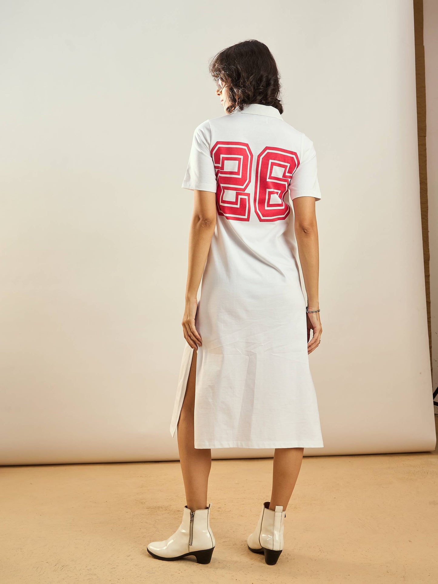 White 26 Printed Polo Neck T-Shirt Dress