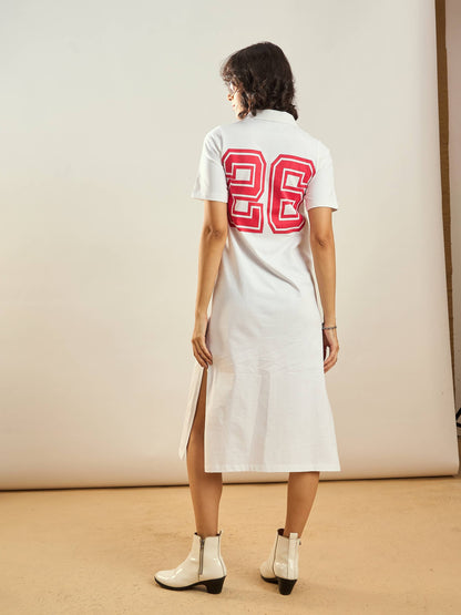 White 26 Printed Polo Neck T-Shirt Dress