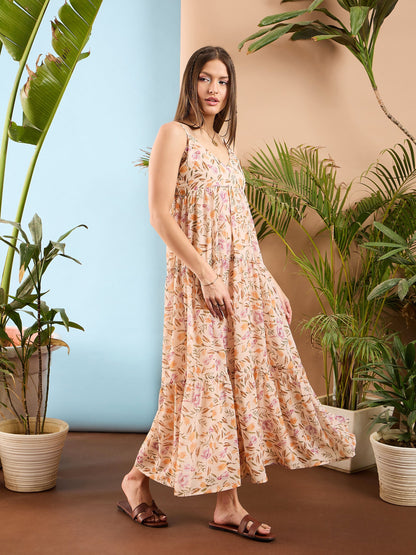 Women Peach Floral Strappy Tiered Maxi Dress