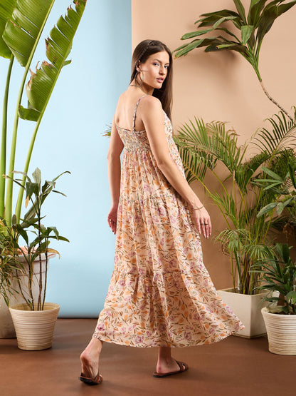Women Peach Floral Strappy Tiered Maxi Dress