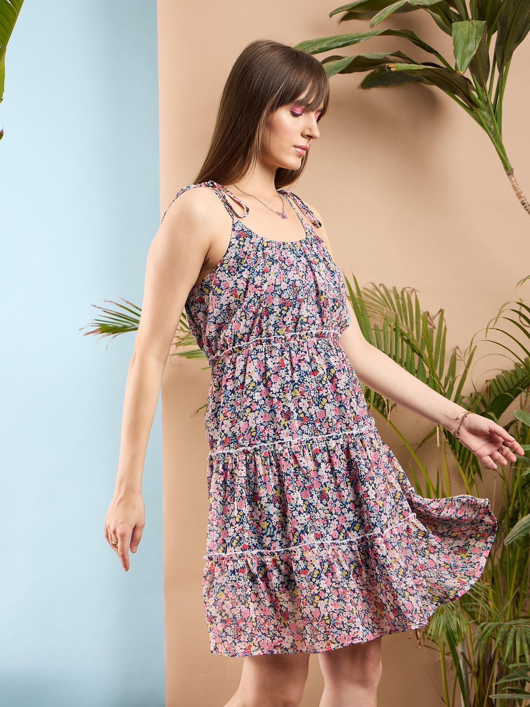 Women Navy Ditsy Floral Strappy Short Ruffle Dress