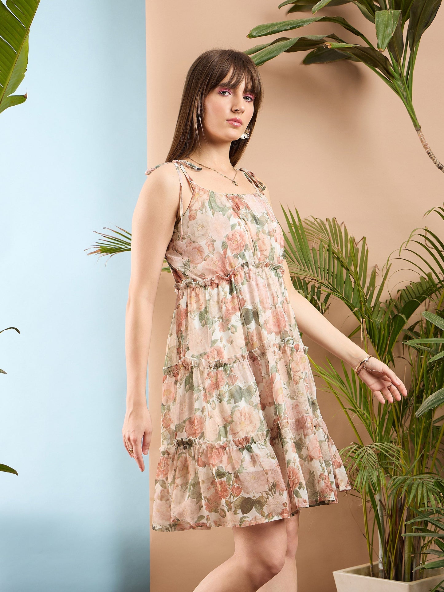 White Floral Strappy Short Ruffle Dress