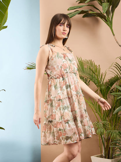 White Floral Strappy Short Ruffle Dress