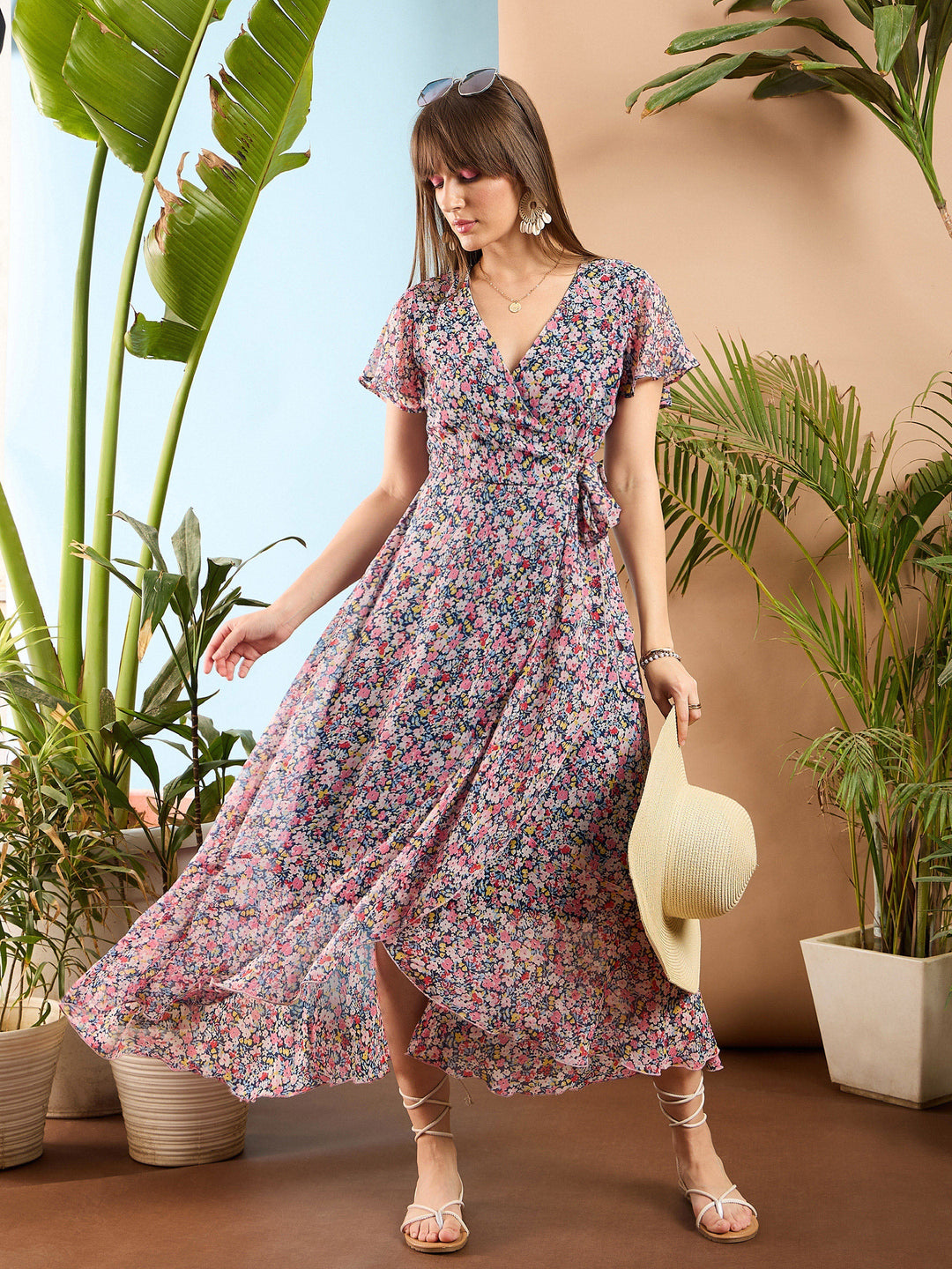 Women's Women Navy Ditsy Floral Ruffle Detail Wrap Midi Dress in Georgette by Sassafras for wholesale, bulk, supplier, manufacturer and wholesaler buyers from Trendphoria