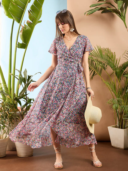 Women Navy Ditsy Floral Ruffle Detail Wrap Midi Dress