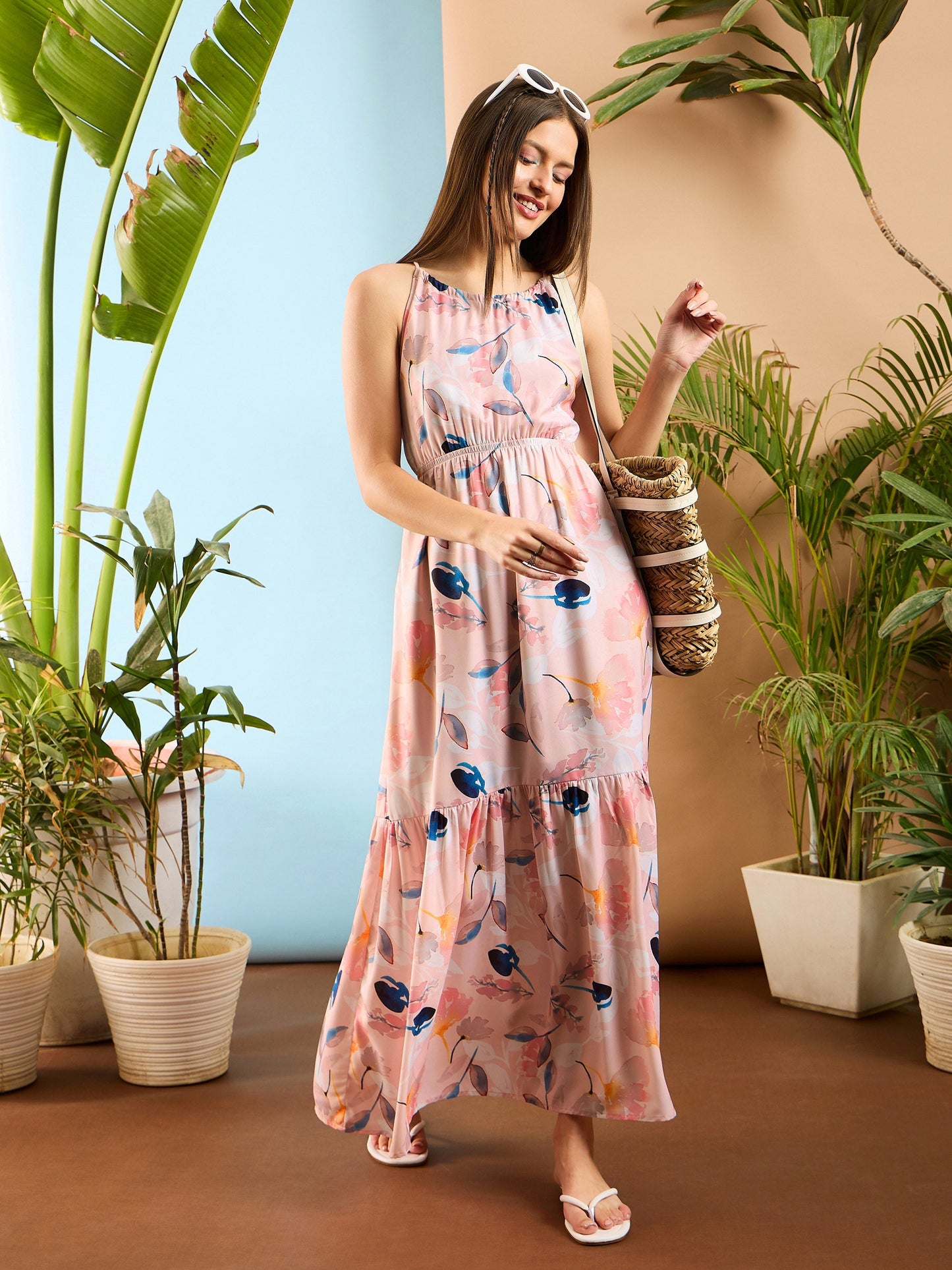 Women Peach Floral Back Less Maxi Dress