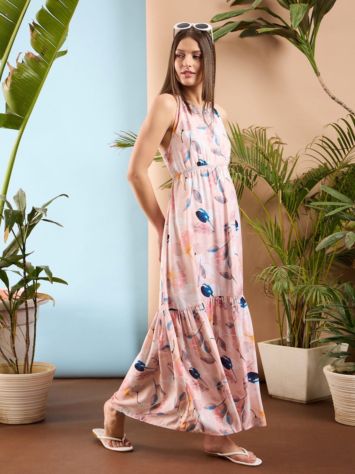 Women Peach Floral Back Less Maxi Dress