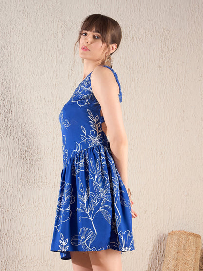 Royal Blue Floral Back Cut Out Short Dress