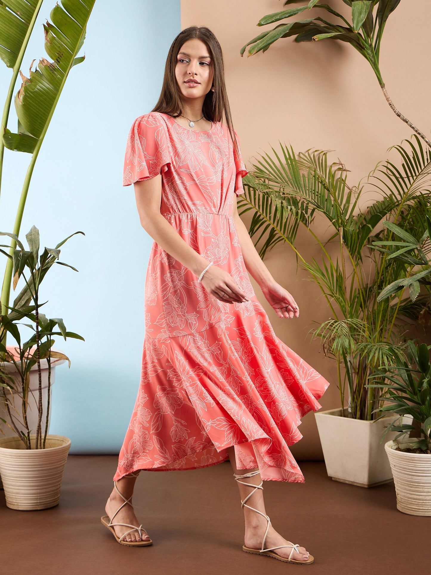 Women Peach Floral Asymmetric Hem Midi Dress