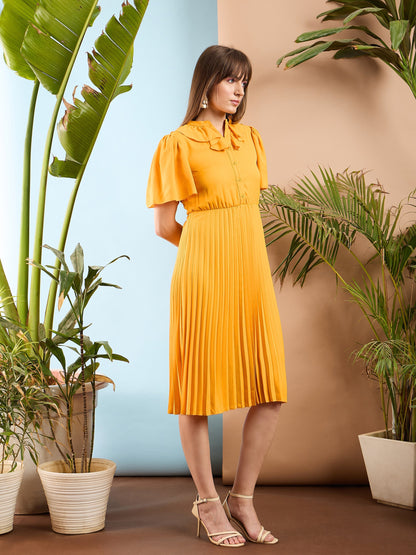 Women Mustard Frill Neck Accordion Pleated Midi Dress