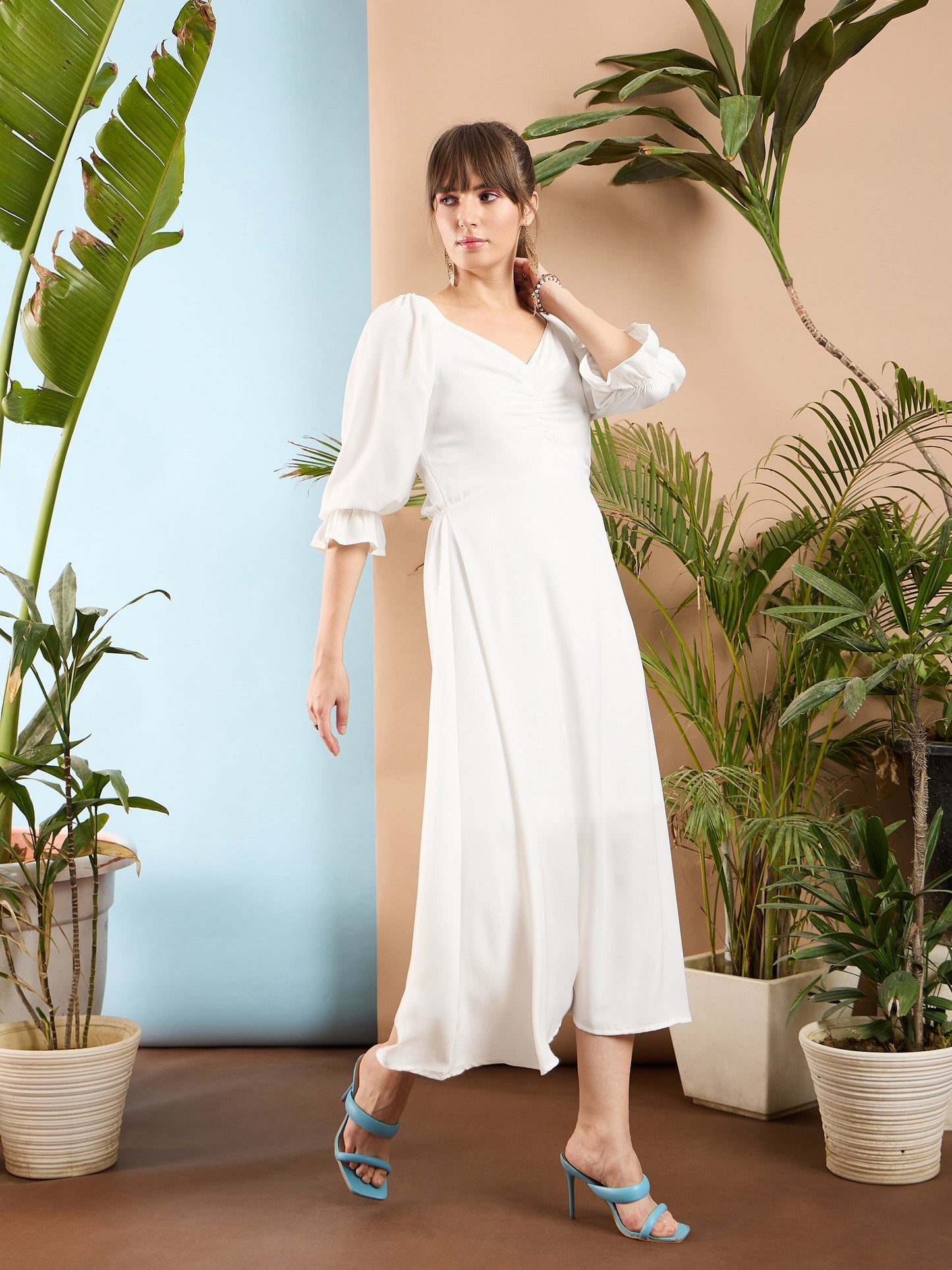 Women White Front Ruched Back Cut Out Midi Dress