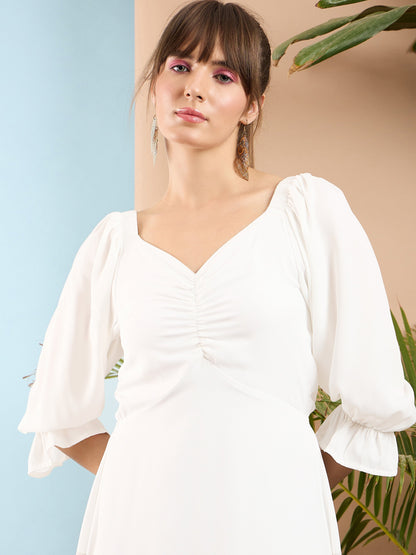 Women White Front Ruched Back Cut Out Midi Dress