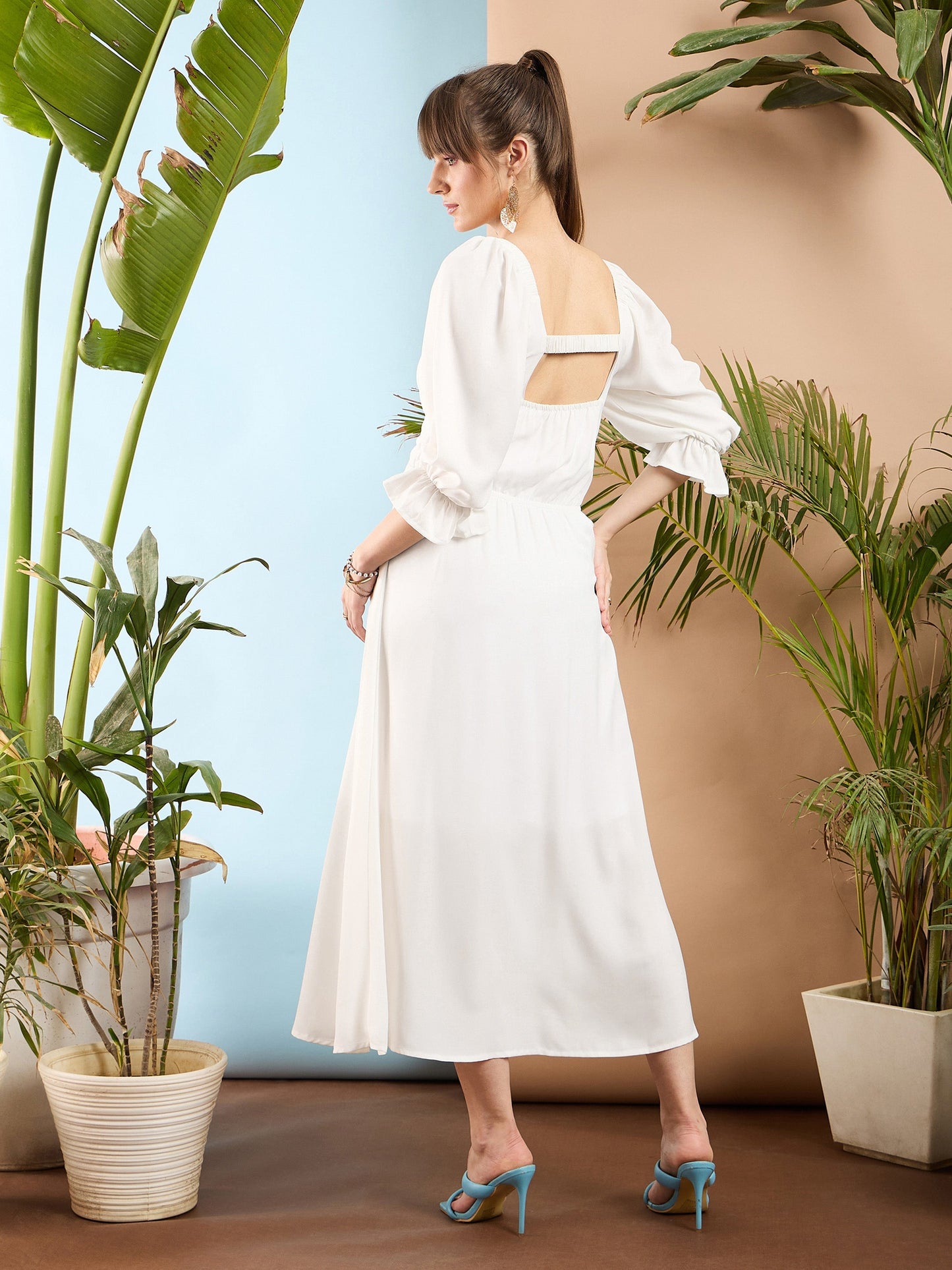 Women White Front Ruched Back Cut Out Midi Dress