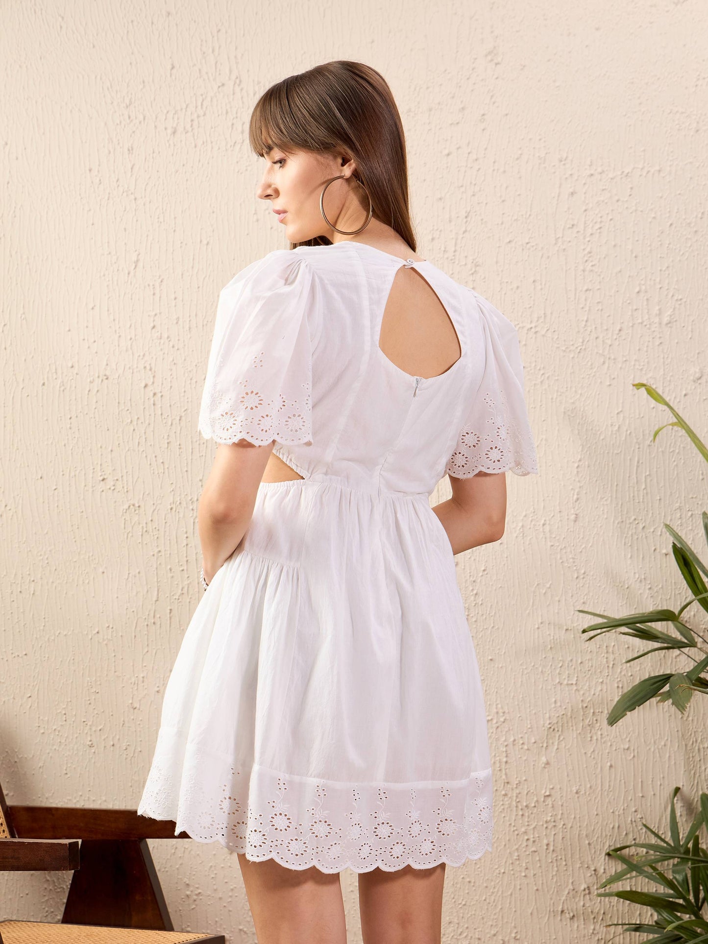 Women White Schiffli Waist Cut Out Skater Dress