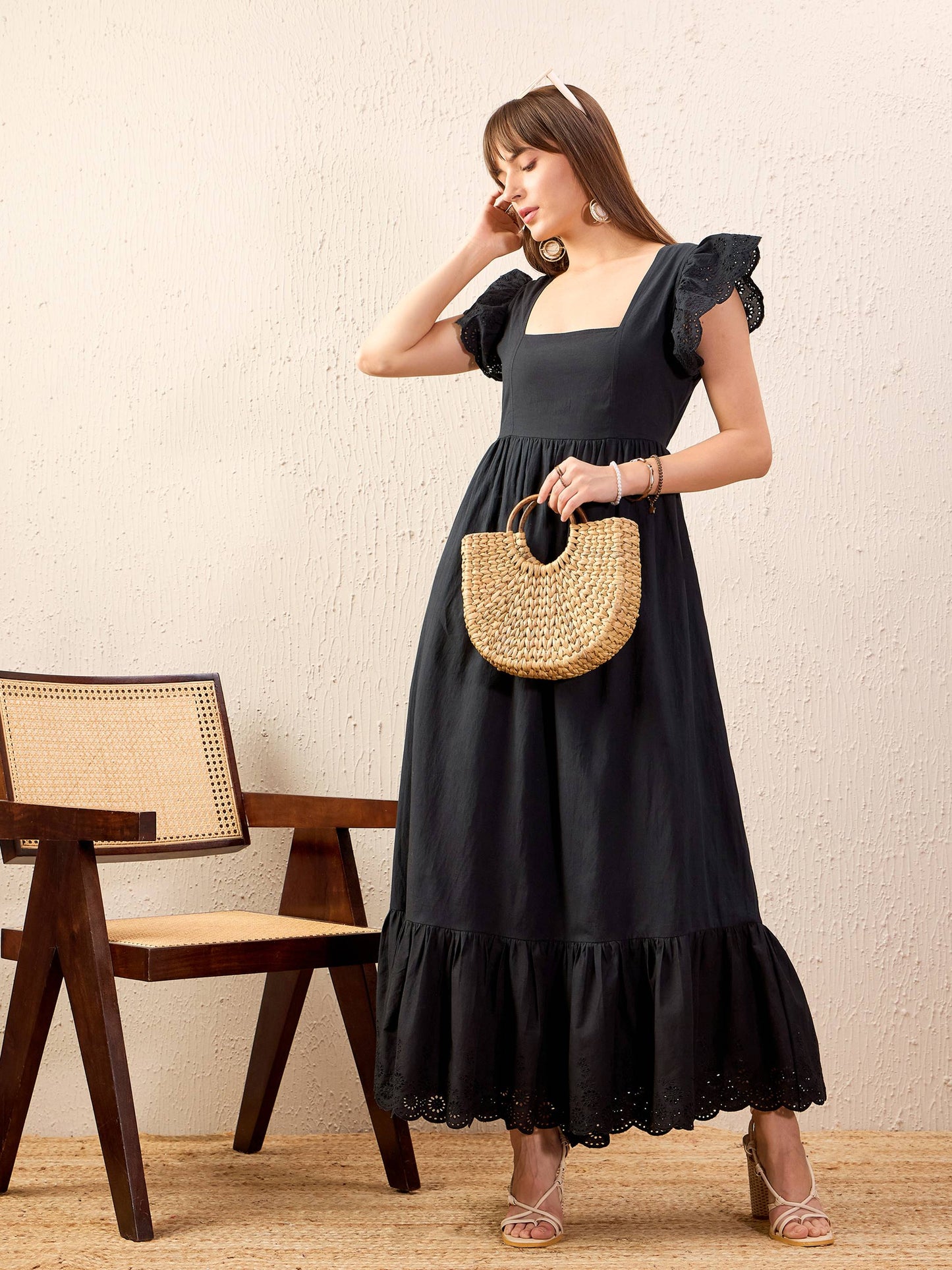 Women Black Schiffli Square Neck Frill Hem Maxi Dress
