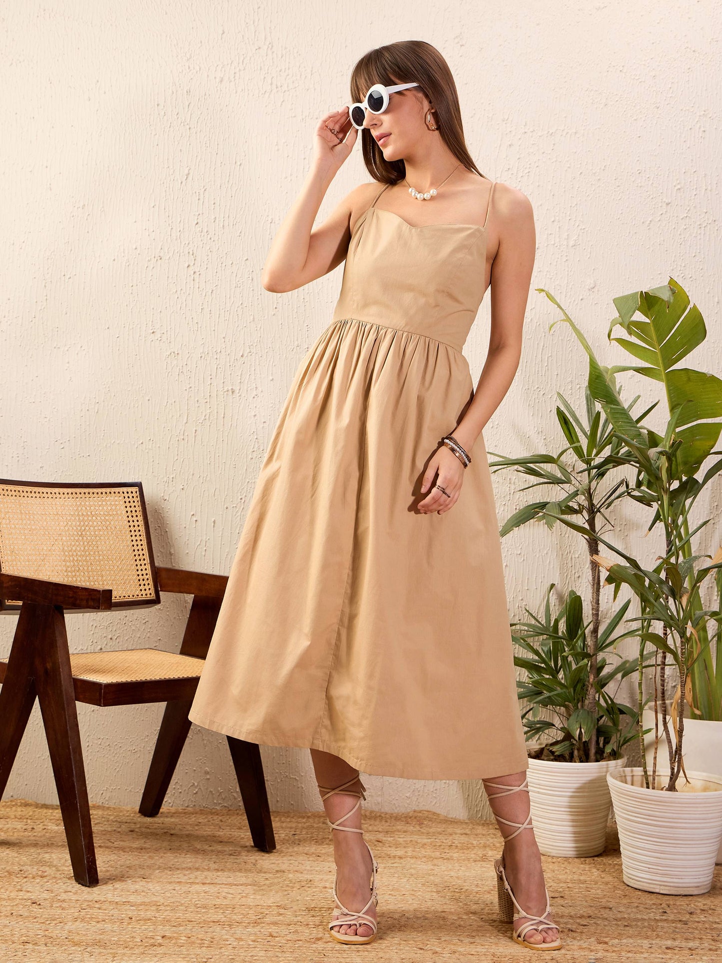 Beige Strappy Back Tie Midi Dress