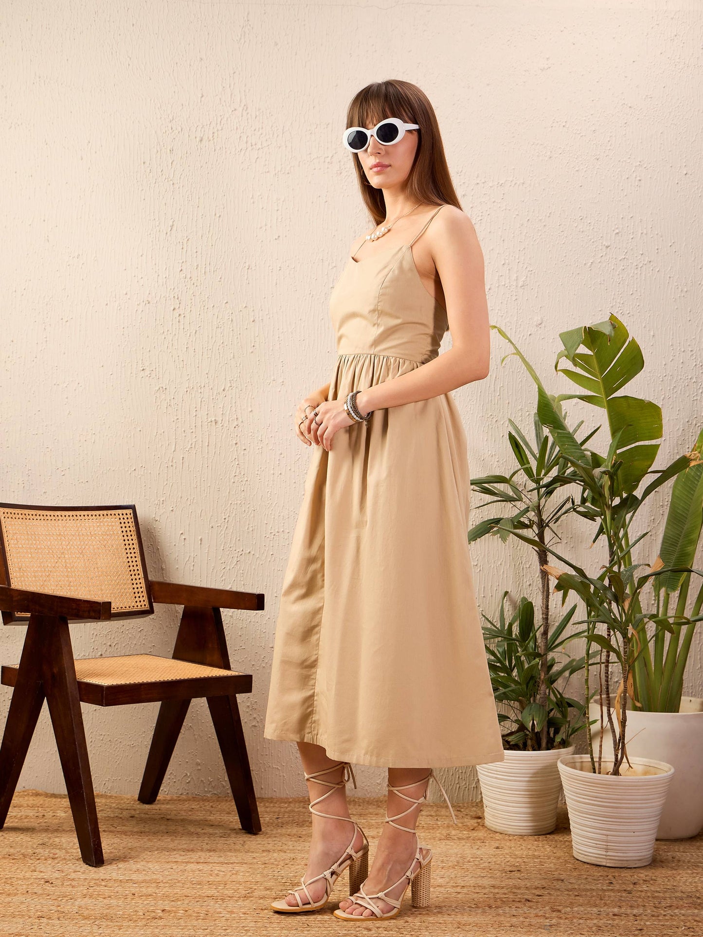 Beige Strappy Back Tie Midi Dress