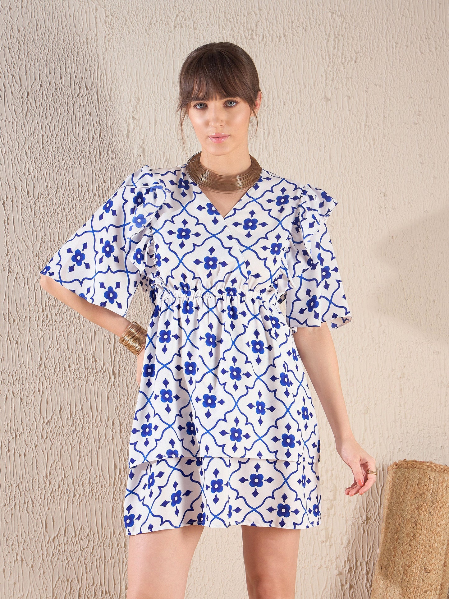 Navy Ethnic Print Layered Hem Dress