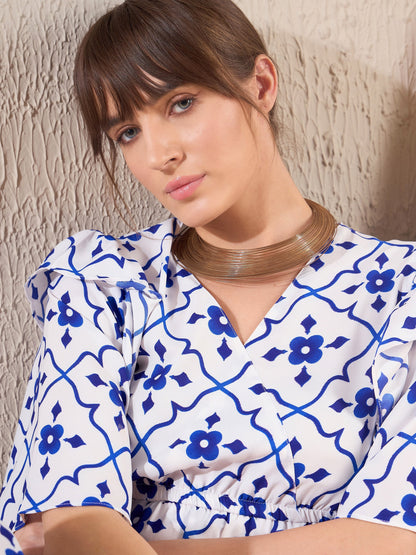 Navy Ethnic Print Layered Hem Dress