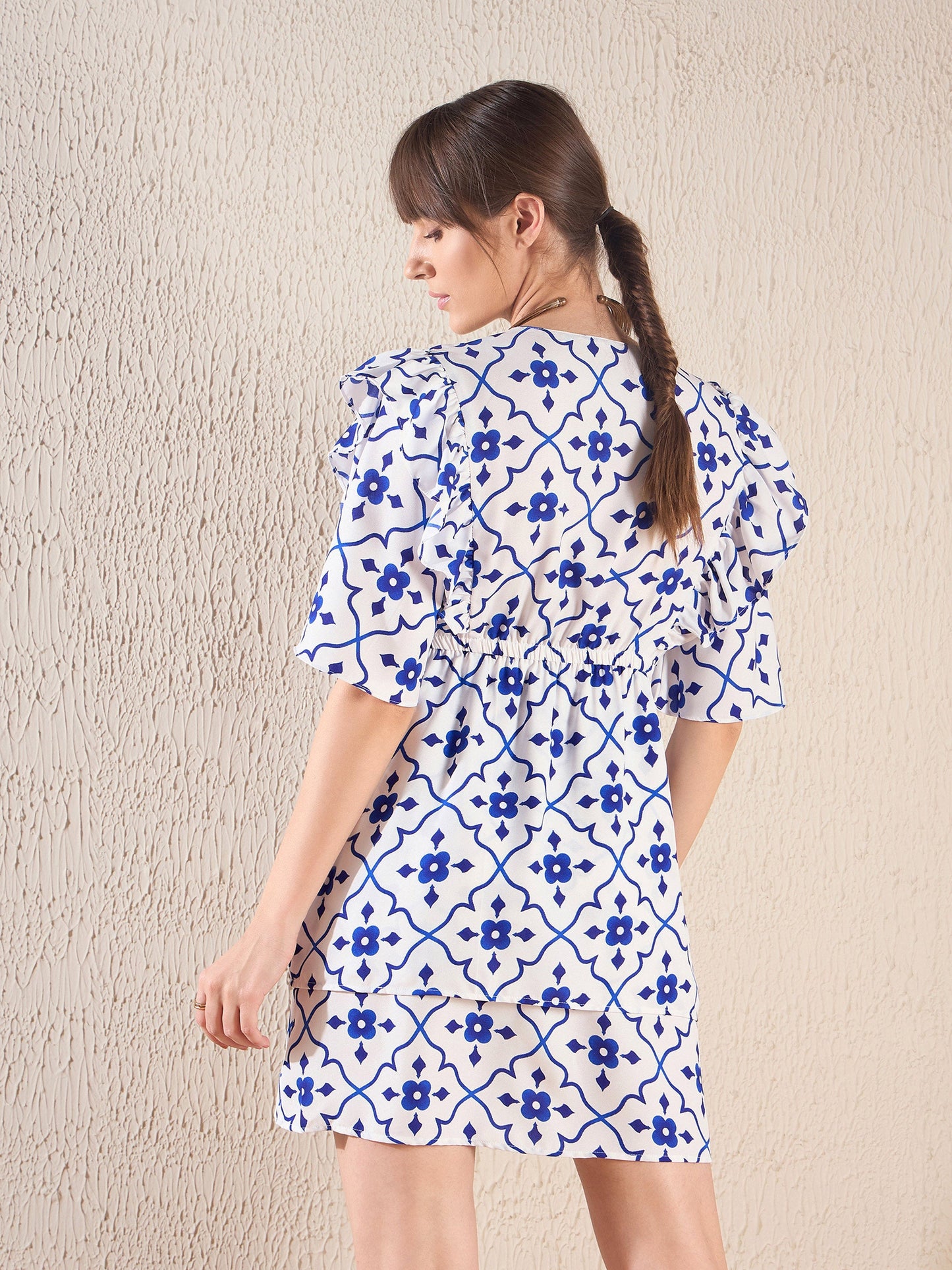 Navy Ethnic Print Layered Hem Dress