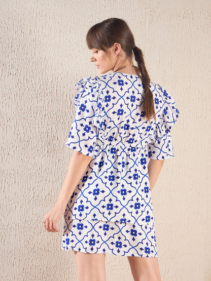 Navy Ethnic Print Layered Hem Dress