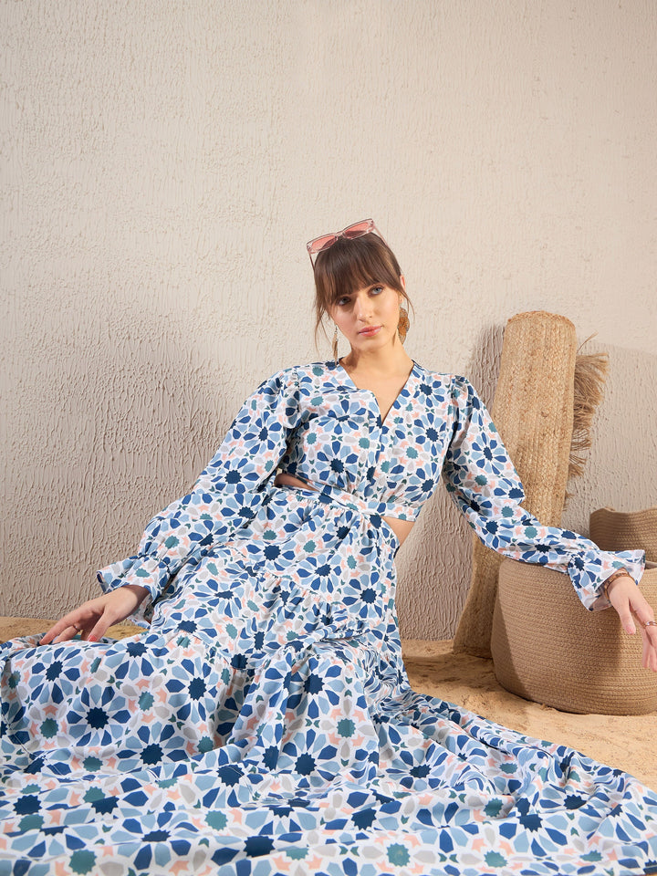 Women Teal Geometric Print Waist Cut Out Maxi Dress