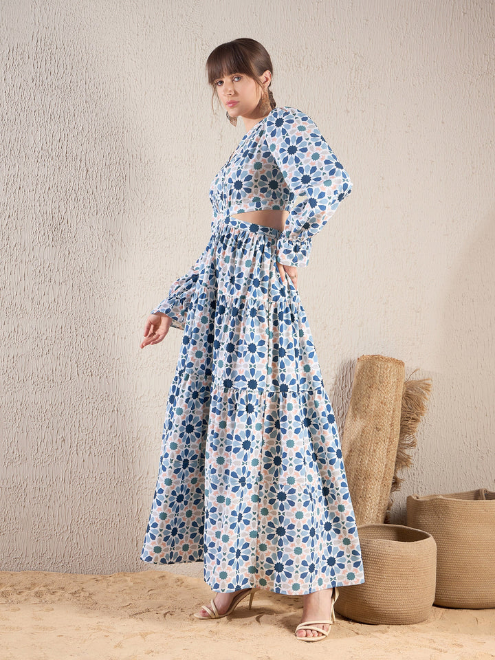 Women Teal Geometric Print Waist Cut Out Maxi Dress