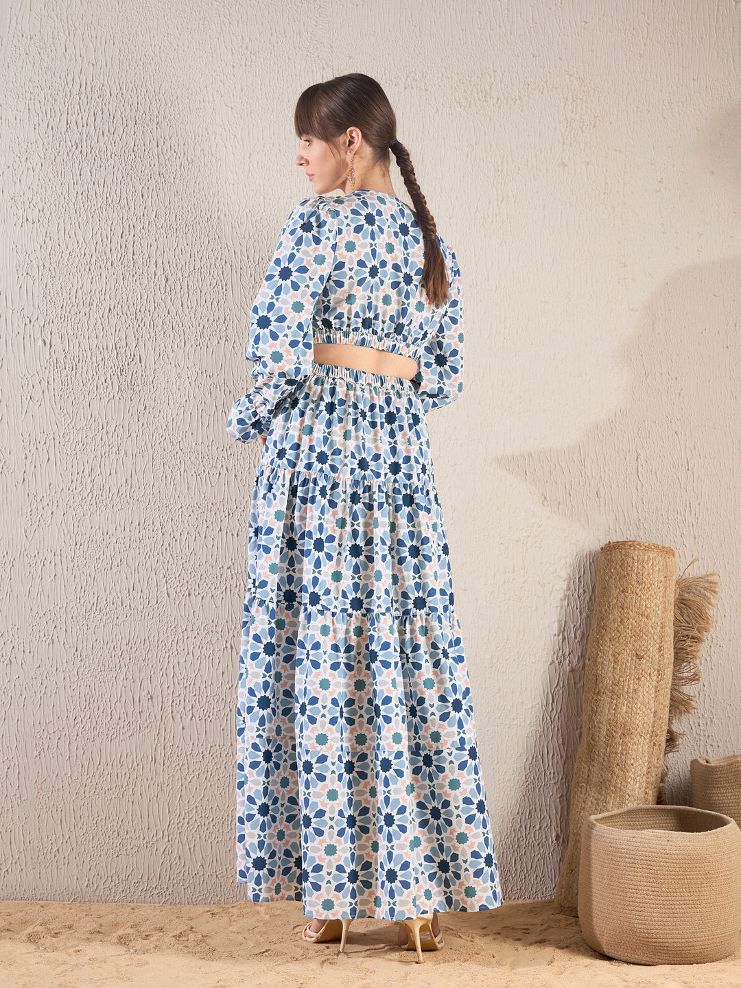 Women Teal Geometric Print Waist Cut Out Maxi Dress
