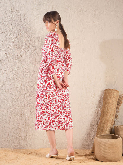 Red Floral Sweetheart Neck Midi Dress