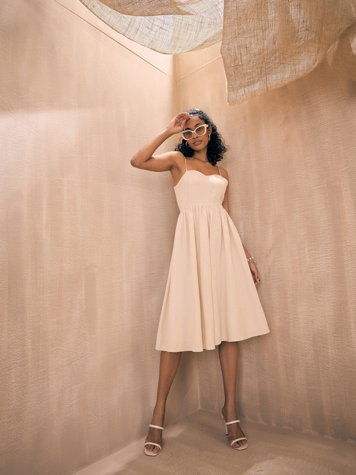 Beige Solid Back Tie-Dori Midi Dress