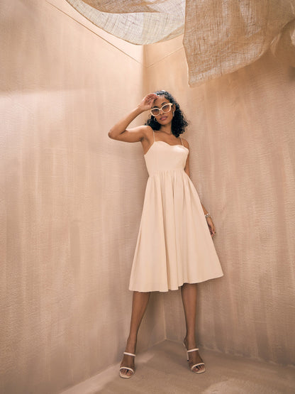 Beige Solid Back Tie-Dori Midi Dress